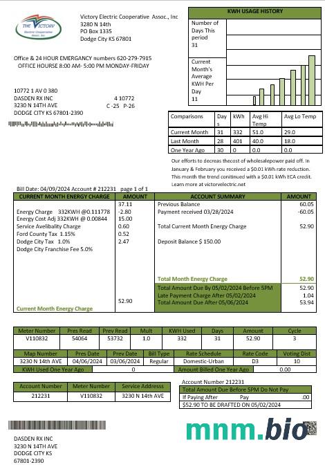 USA Kansas Victory electric rachunek za usługi komunalne szablon w formacie Word i PDF